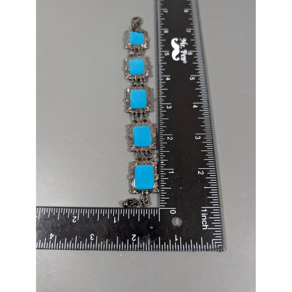 Retro Blue Enamel Gray Metallic Book Link Chain Bracelet 7.5" - Picture 10 of 10